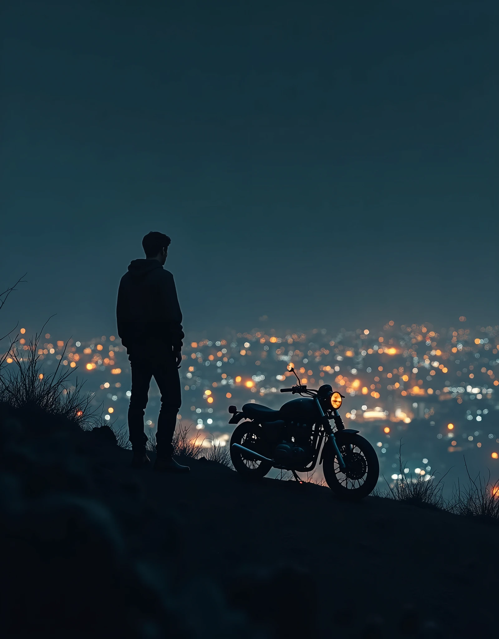 At night and sad man on top of a hill looking out at a bright city with his motorcycle image