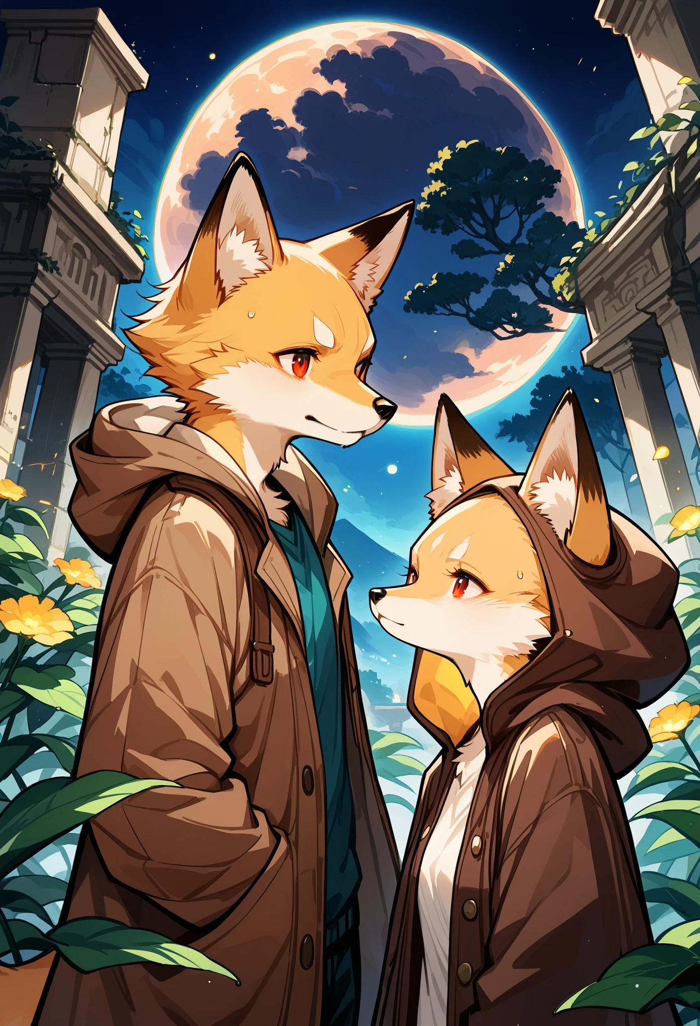 rating_safe, score_9, score_8_up, score_7_up, score_6_up, score_5_up, score_4_up, hires, highres, source_furry, cover page(kemono, furry anthro, boys, girls, fox, Golden fur, Golden yellow face fur, Red eyes, Brown elements on fur, Brown coat brown hood up)Plant elements in ruins, lichen, There is no other life, Night, starry sky, Vast landscape, moon full, meteors, Star cloud, Warm light source, Rained, wet clothes, overcast sky, Beautiful lights and shadows, Ambient light, Volumetric lighting, Dynamic configuration, Highly detailed and colorful details, luminous lighting, Atmospheric lighting, dream magical, magic, Glowing light,