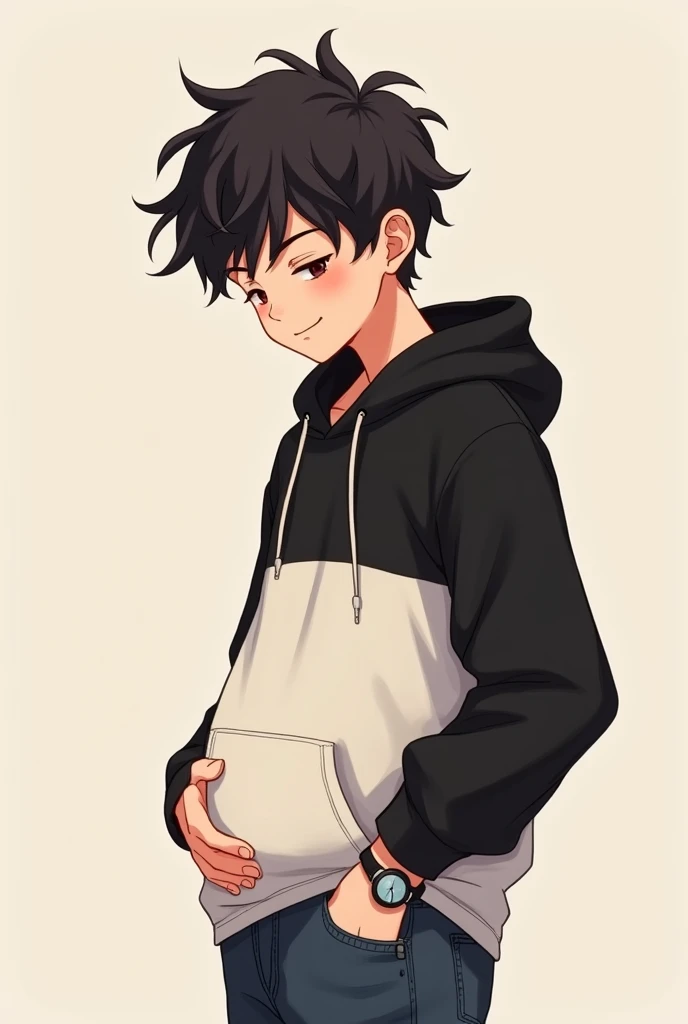 A Cute Handsome Boy 1 boy Wearing white and Black Hoodie and jeans and watch on hand and fluffy hair and 1 month faint baby bump In stomach and hand on stomach..Anime