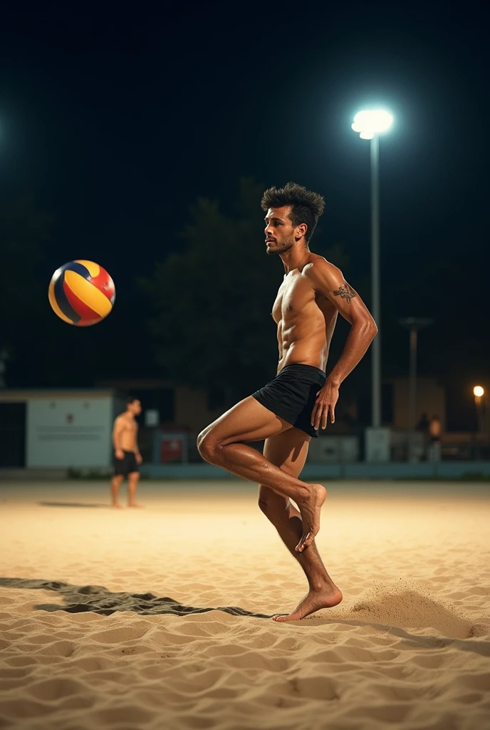 A high-definition, professional DSLR photograph of one footvolley player balancing on one leg while skillfully controlling the ball with the other foot on a sand court at night. The floodlights create clear, detailed shadows on the sand, enhancing the drama and action.