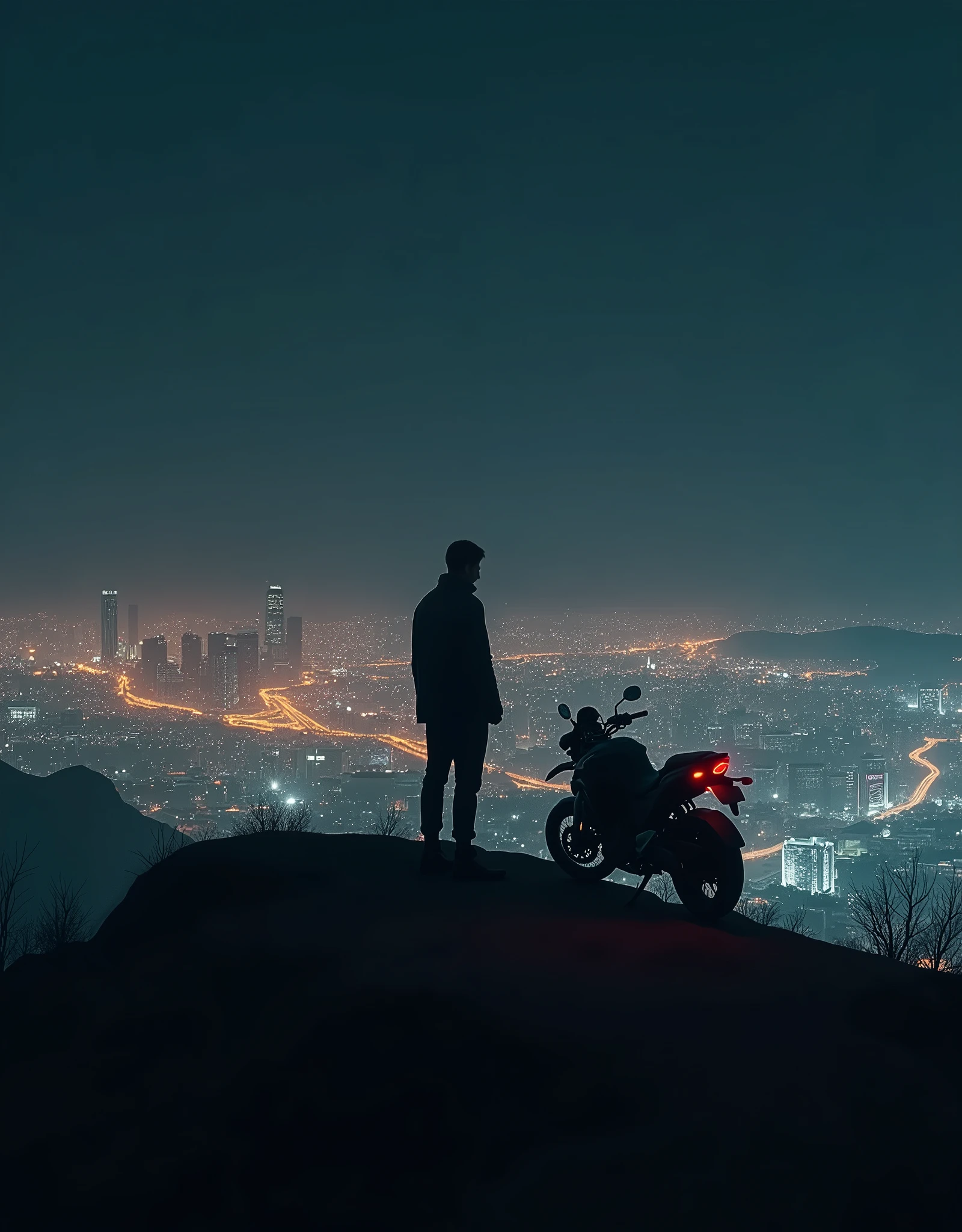 At night  and sad man on top of a hill looking out at a bright city with his motorcycle image
