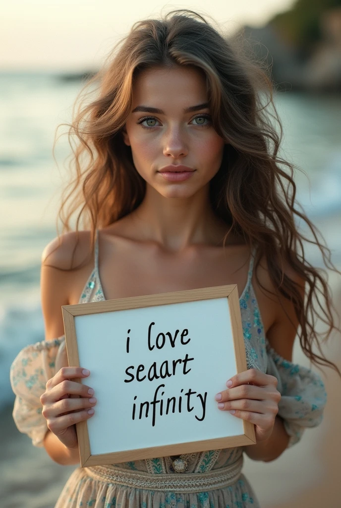 Beautiful girl with wavy long hair, bohemian dress, holding a white board with text "I Love Seaart Infinity" and showing it to the viewer