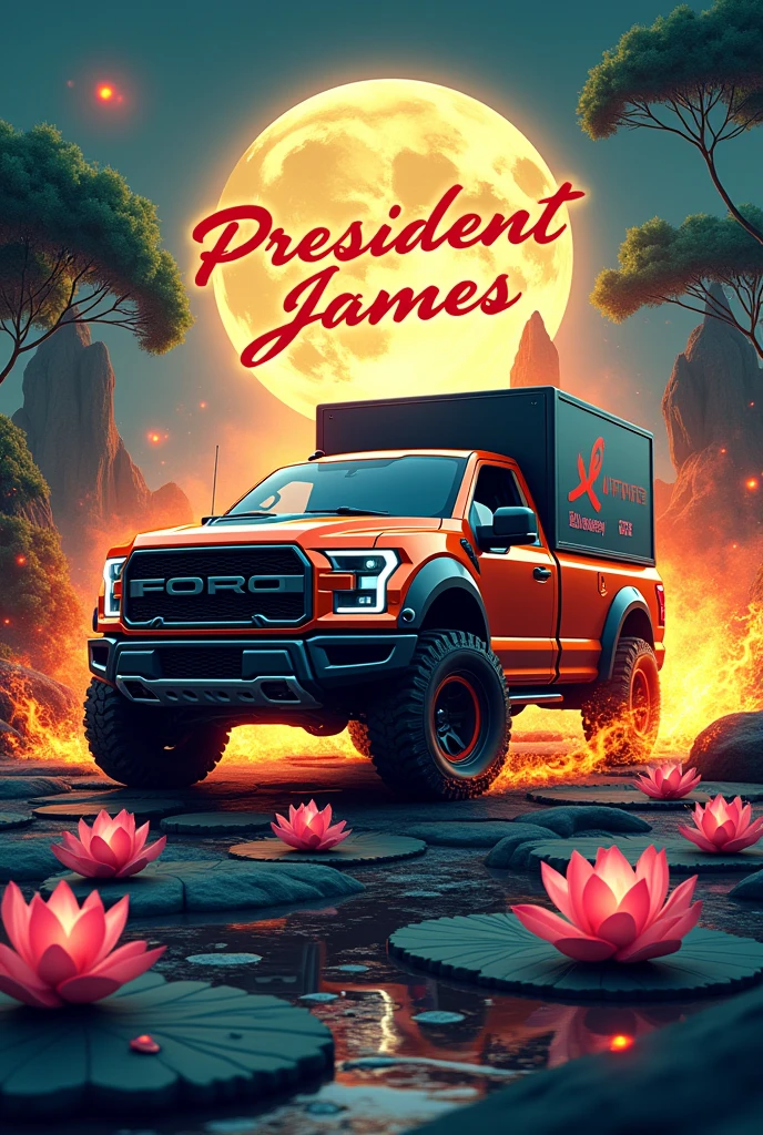 The poster of the pickup truck with a closed box for delivering parcels has the words "President James" written on it. It should be cool, have flames, lotus flowers, and cogwheels. Please make the name clear.