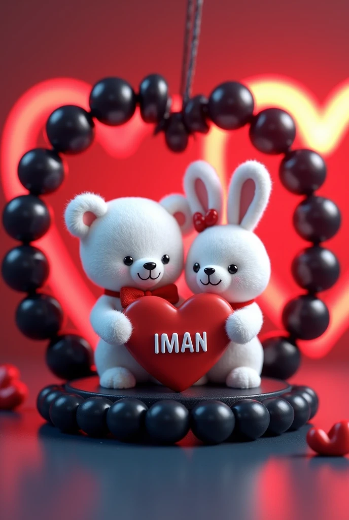 A 3D render of a white teddy bear and a white bunny rabbit wearing a red bow holding a red heart "IMAN" written on it in Capital alphabets, are standing in a black beaded bracelet. The bracelet is sitting on a dark red and blue surface with a neon red heart shape in the background. The image is in the style of a cute cartoon.