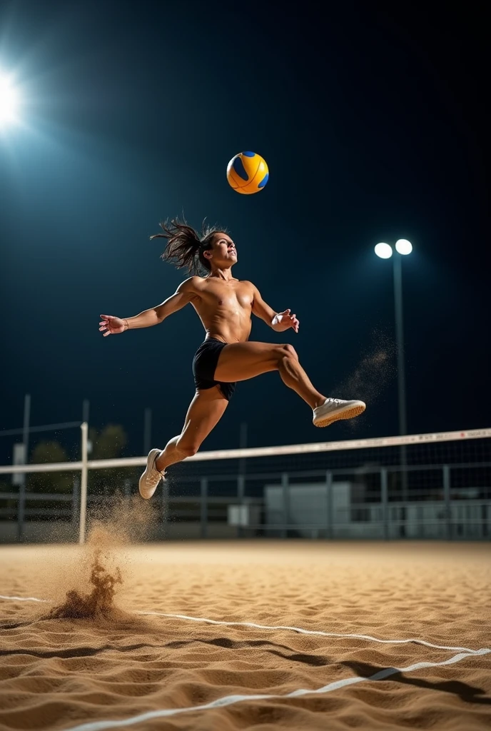 A professional DSLR capture of a solitary footvolley player on a sand court at night, mid-jump as they use their foot to spike the ball. The night sky and floodlights create a striking contrast, with sharp details and shadows that showcase the energy and movement of the game.
