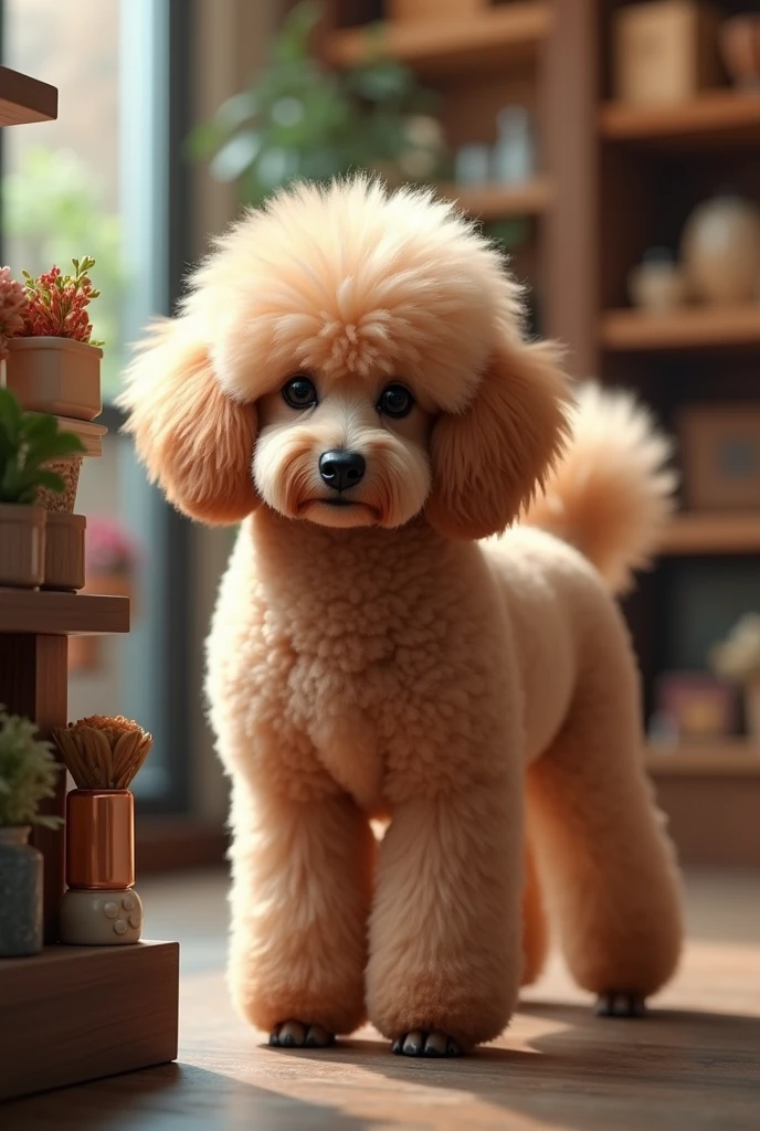 champagne poodle, medium poodle, poodle femea, in a pet shop with the background blurred leave it in the corner of the image