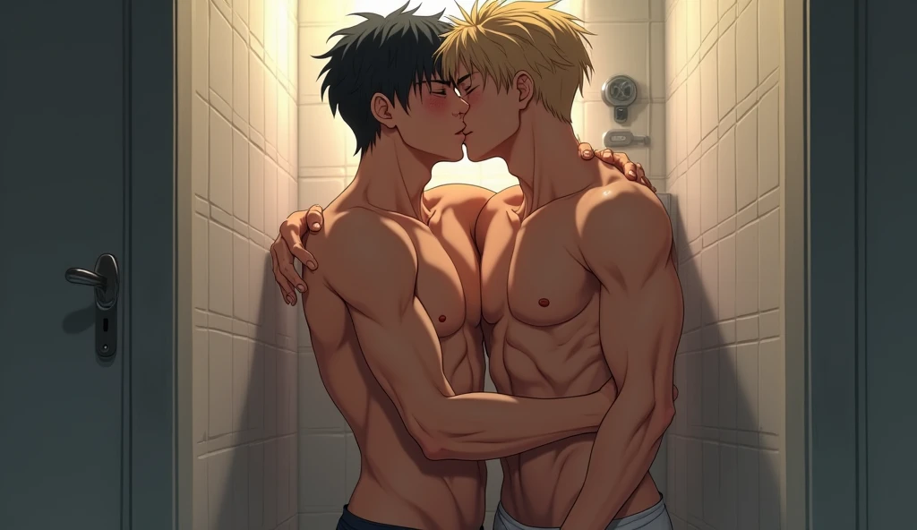 two anime gay man wearing an underwear 
in toilet making love...sex kiss 
