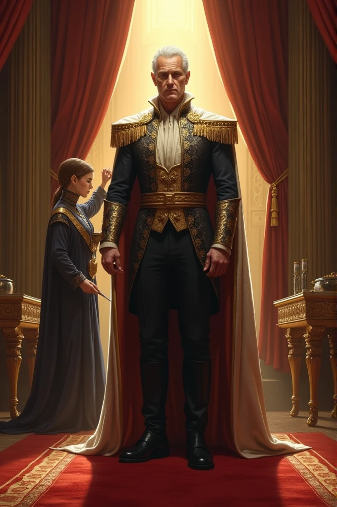 "A classic scene where an authoritative figure, majestically dressed, stands in a lavishly decorated room. A subordinate, slightly in the background, discreetly adjusts the lighting so that the authority figure appears even more radiant. The contrast between the intense light on the figure of power and the shadow on the subordinate symbolizes the subtle balance of power and respect.
