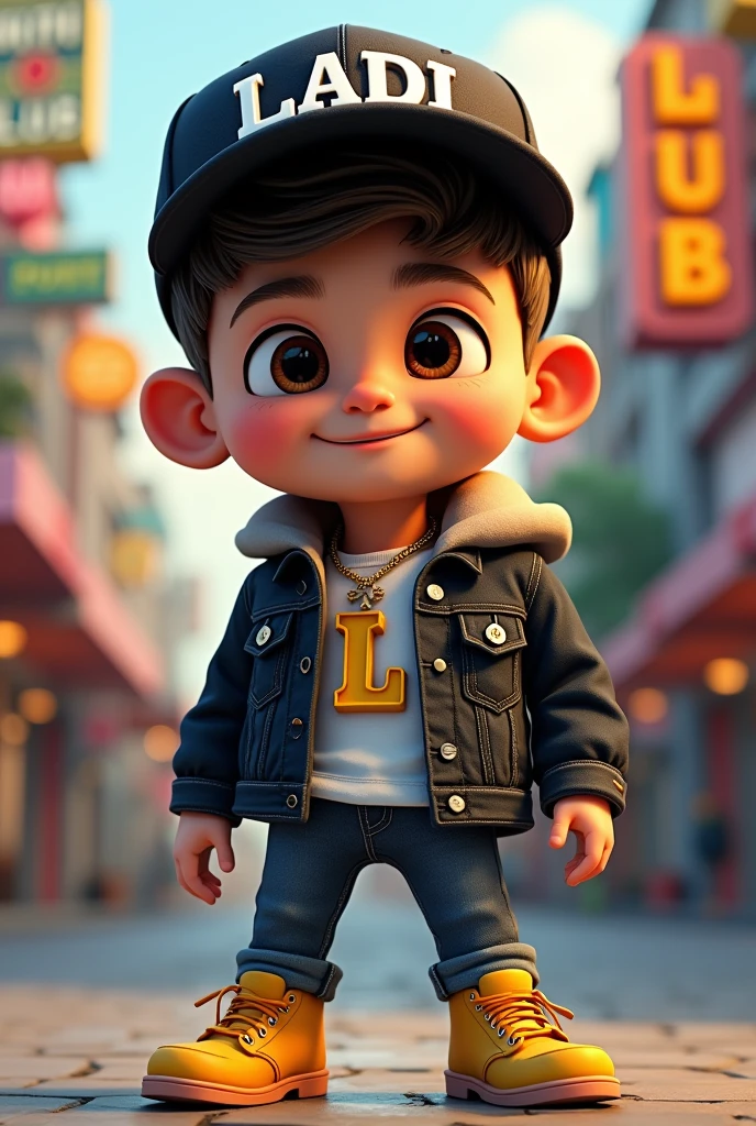A 1 modern boy ,wear a cap and on writing bold name is"LADI" , YELLOW SHOES ,DENIM BLACK JACKET ,FACE HIGH DETAILS,NECK IN "L" WORD LOCKET , BACKGROUND IN WRITE"CHANDIGARH CLUB , BACKGROUND COLOURFULL,SLOW SMILE, ATTRACTIVE SMILE,