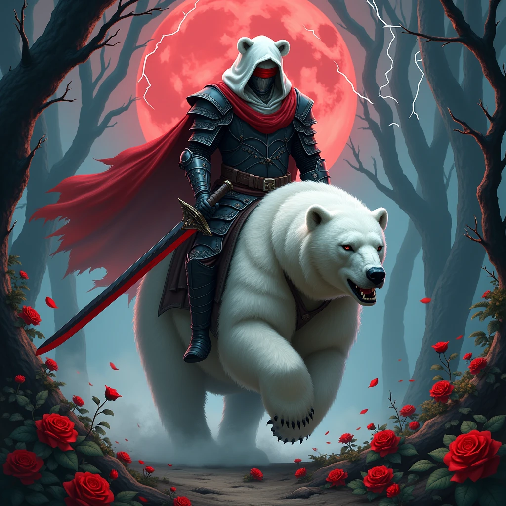 Male knight with a white hood with bear ears wielding a red double-edge sword is riding a polar bear in a forest while the moon shines, many Roses cover the ground and lightning falls from the sky. The polar bear has black eyes and an aggressive appearance. Only the man wears a red blindfold. In the background of the picture is the blood moon. The forest is full of trees with leaves. The armor of the man is black woth red roses on it.