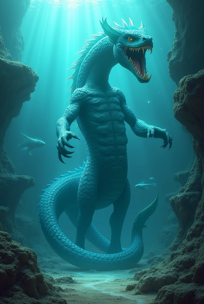 Cetus beast from Greek mythology, It is 20 meters long and translucent turquoise blue in color., mix of snake and dragon, is underwater, with rock platforms