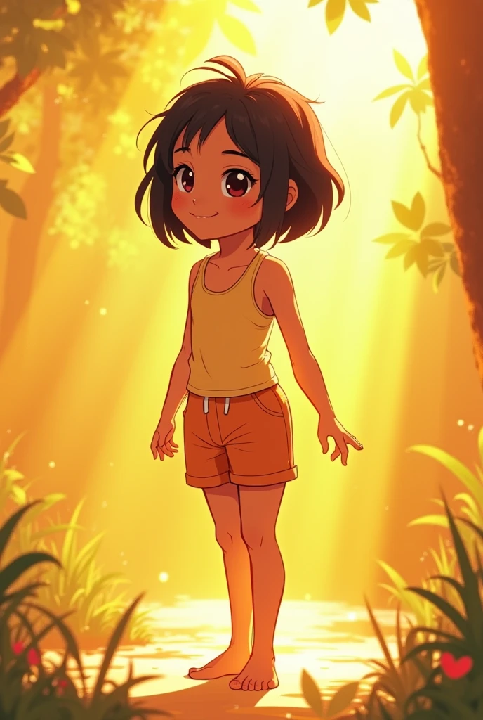 young, moreno, barefoot, straight black hair, in the sun