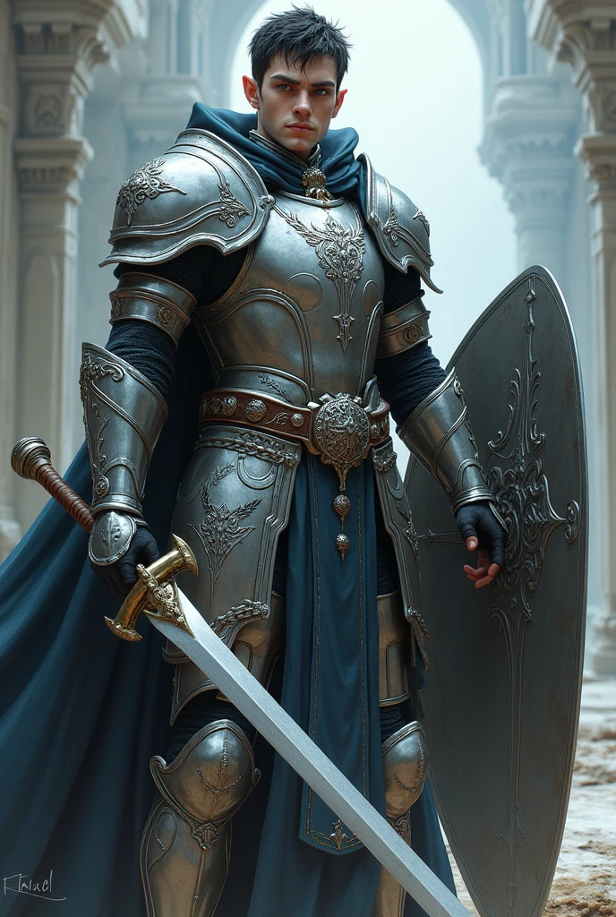 Male elf dark short hair White skin dark blue eyes no beard with silver heavy armor , Mace and Tower shield