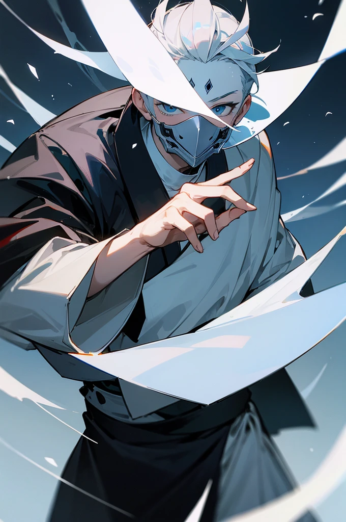 Wearing a mask that covers the whole face、Holding an iron fan in both hands、Dancing with ice、A priest boy about