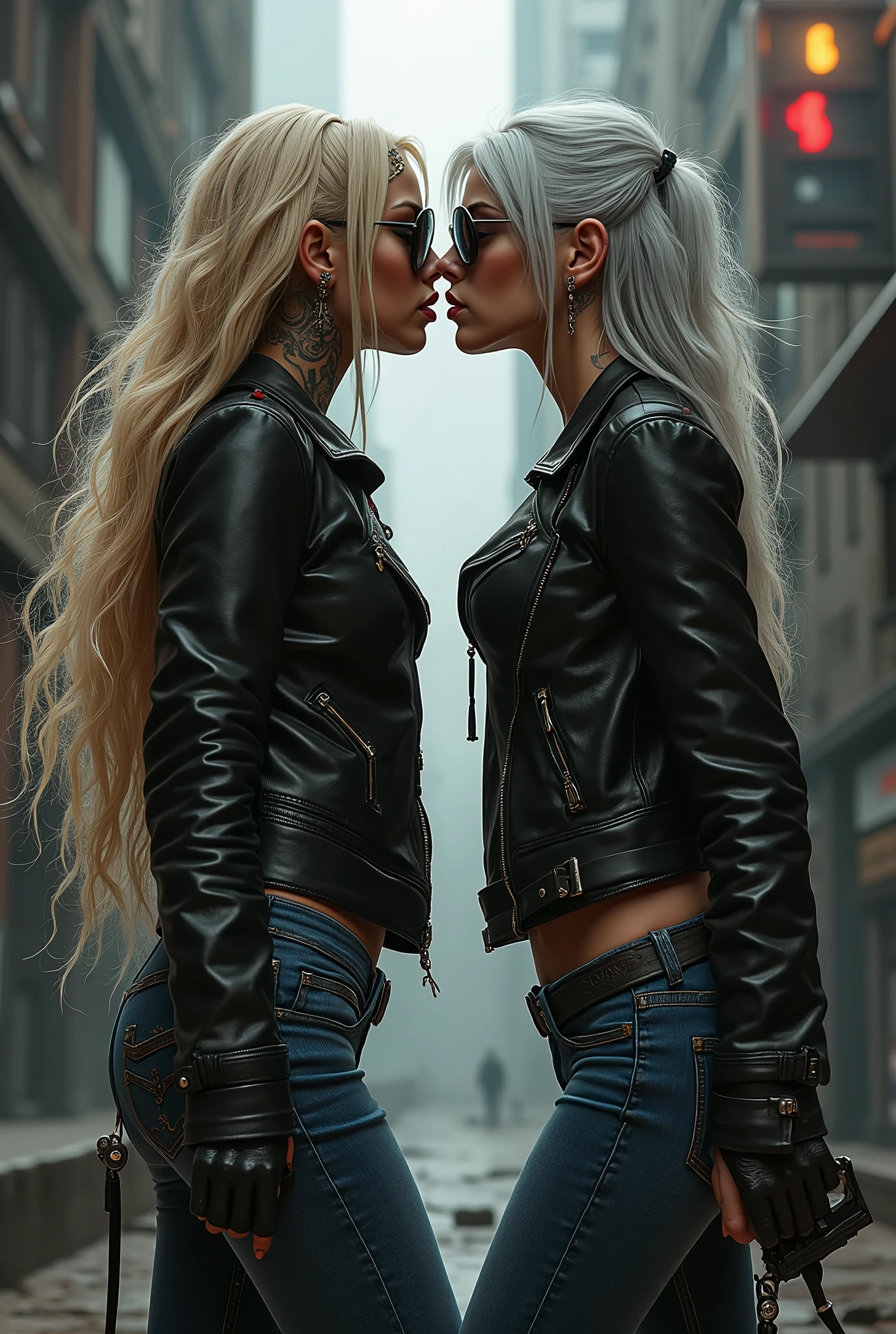 Hard Locker、Heavy Metal、Two bad girls、A tall, beautiful girl with long legs、Beautiful buttocks、Back view、Side by side、Disrespectful attitude、Leather jacket、Light grey tight denim、Black skinny pants、Hard Leather Boots、Blonde Hair、Silver Hair、Armament、Dispute、Dark big city backstreets、Suspicious atmosphere、sunglasses、Tattoo、Piercings in the face、Embrace each other、Kiss