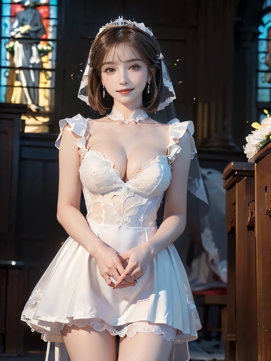 ((((Highest quality))))、(((Ultra-precision CG16K wallpaper)))、(((masterpiece)))、(((Super detailed)))、(((Extreme detail)))、((1Mature 2 woman:1.6))、((Very beautiful Japan face of a person))、((Urizane Face:1.8))、Face without distortion、((Straight one-length bob hair:1.6))、(Shiny Hair)、double eyelid、High nose、Small nostrils、Small Mouth、Seductive lips、Beautiful breasts、((B cup size breasts))、Cleavage、(Thin 5 fingers、Detailed fingers、Beautiful nails)、Beautiful feet、((Thin thighs:1.3))、eight-headed body、Perfect proportions、Perfect Anatomy、Perfect composition、Beautiful detailed shading、Beautiful, natural lighting、Beautiful detail glow、Depth of written boundary、(((High chroma)))、(((Real:1.9)))、((vivid:1.5))、((Beautiful Skin))、((Silky skin))、((Mochi skin))、(((Cowboy Shot:1.6)))、(((front view、shoot from front、front low angle:1.6)))、(((smile:1.6)))、(((looking at camera:1.6)))、Bright daylight、Natural light、(((background_Outdoor、In front of an empty church:1.5)))、(Standing Pose:1.6)、(((White lace wedding mini dress:1.6)))、((tiara、Wearing earrings:1.5))、
