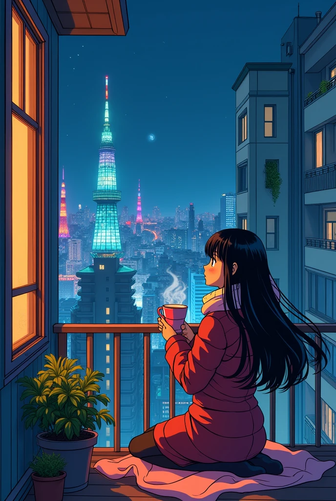 80's、comics、Balcony、Night view、girl、winter、Mug、cocoa、cute、Black Hair、Tokyo、80'sアニメーション、