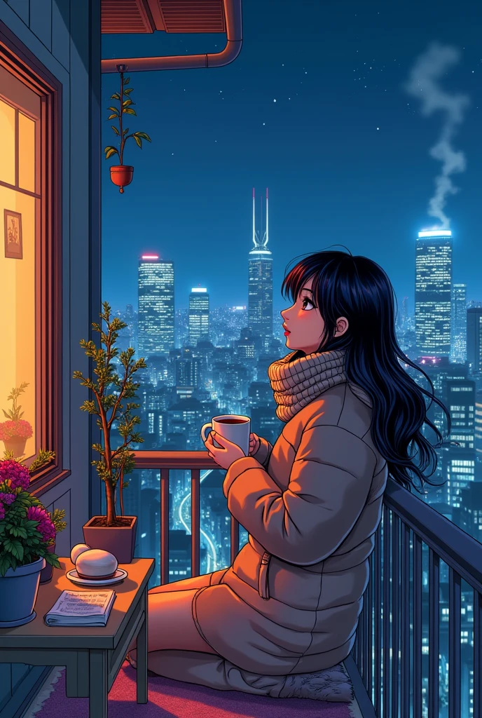 80's、comics、Balcony、Night view、girl、winter、Mug、cocoa、cute、Black Hair、Tokyo、80'sアニメーション、