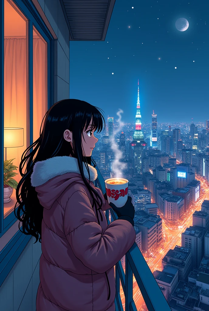 80&#39;s、comics、Balcony、Night view、girl、winter、Mug、cocoa、cute、Black Hair、Tokyo、80&#39;sアニメーション、