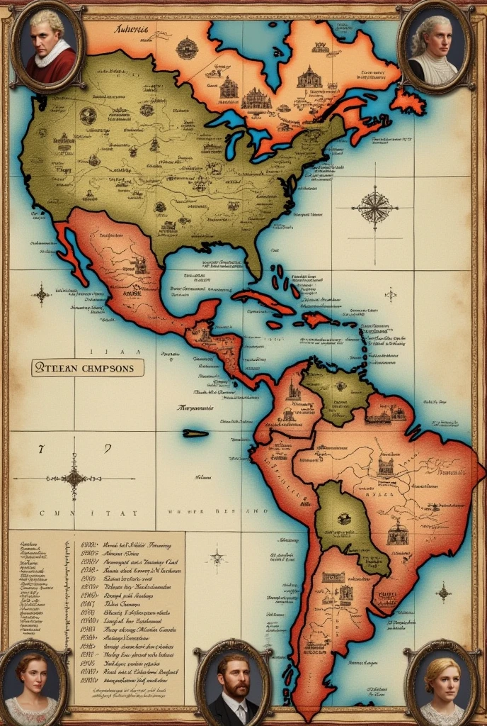 Create me a map with the positions of the monarchy in America and in Assisi in the 17th century