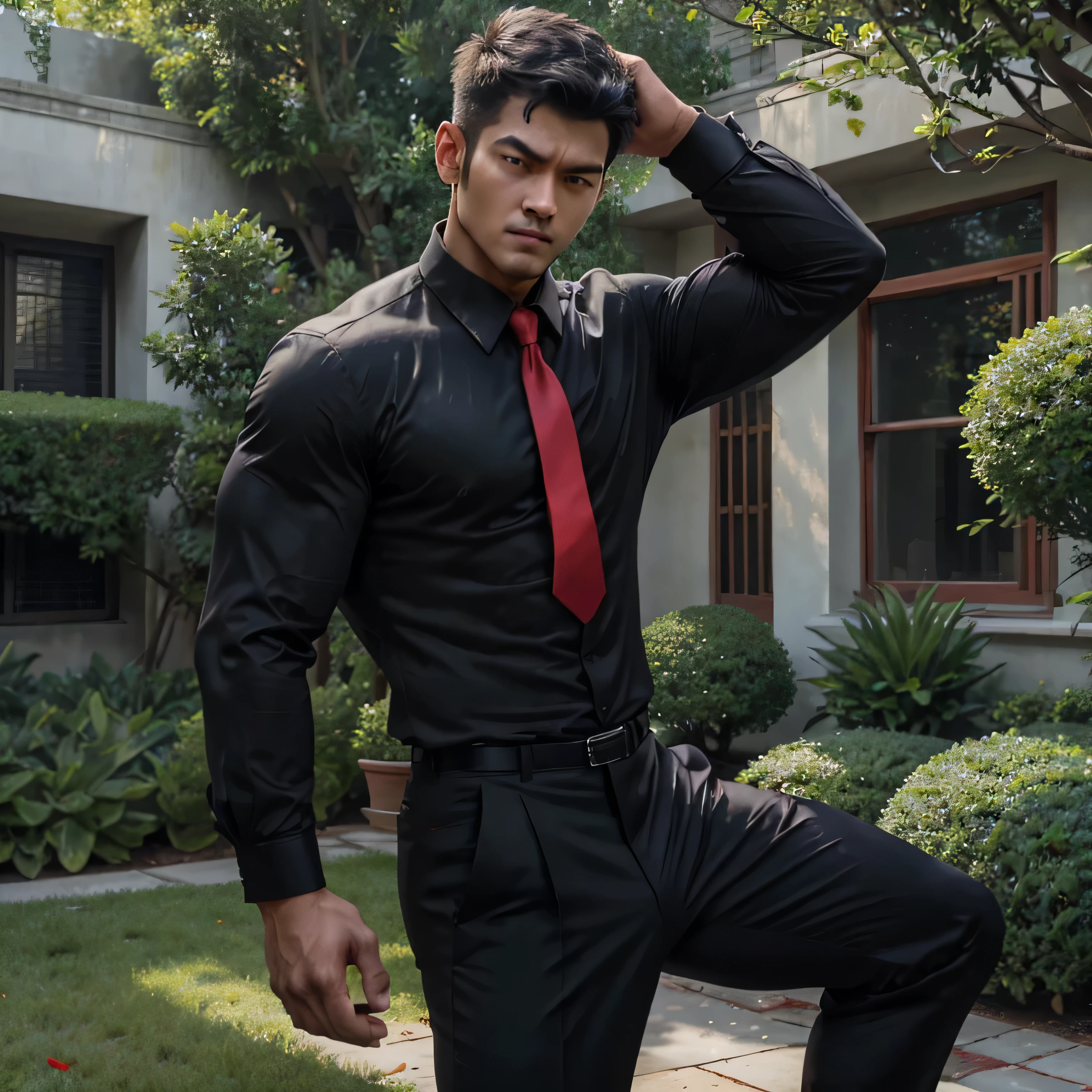 3,One Man,、Handsome。Black Shirt、Red tie、Black slim pants、Dhaka - Fighters、garden。The shade on the lawn、logic,Gay ,Very short hair、 ,Asian Face,、 Handsome Menacing look