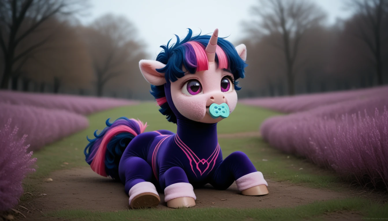 pony, Unicorn, purple wool, dark blue mane with purple streak and pink streak, the tail is dark blue with a purple strand and a pink strand, purple eyes, sitting outside, adult filly, dressed in a bodysuit and booties, pacifier in mouth, solo, thick diaper under clothes.