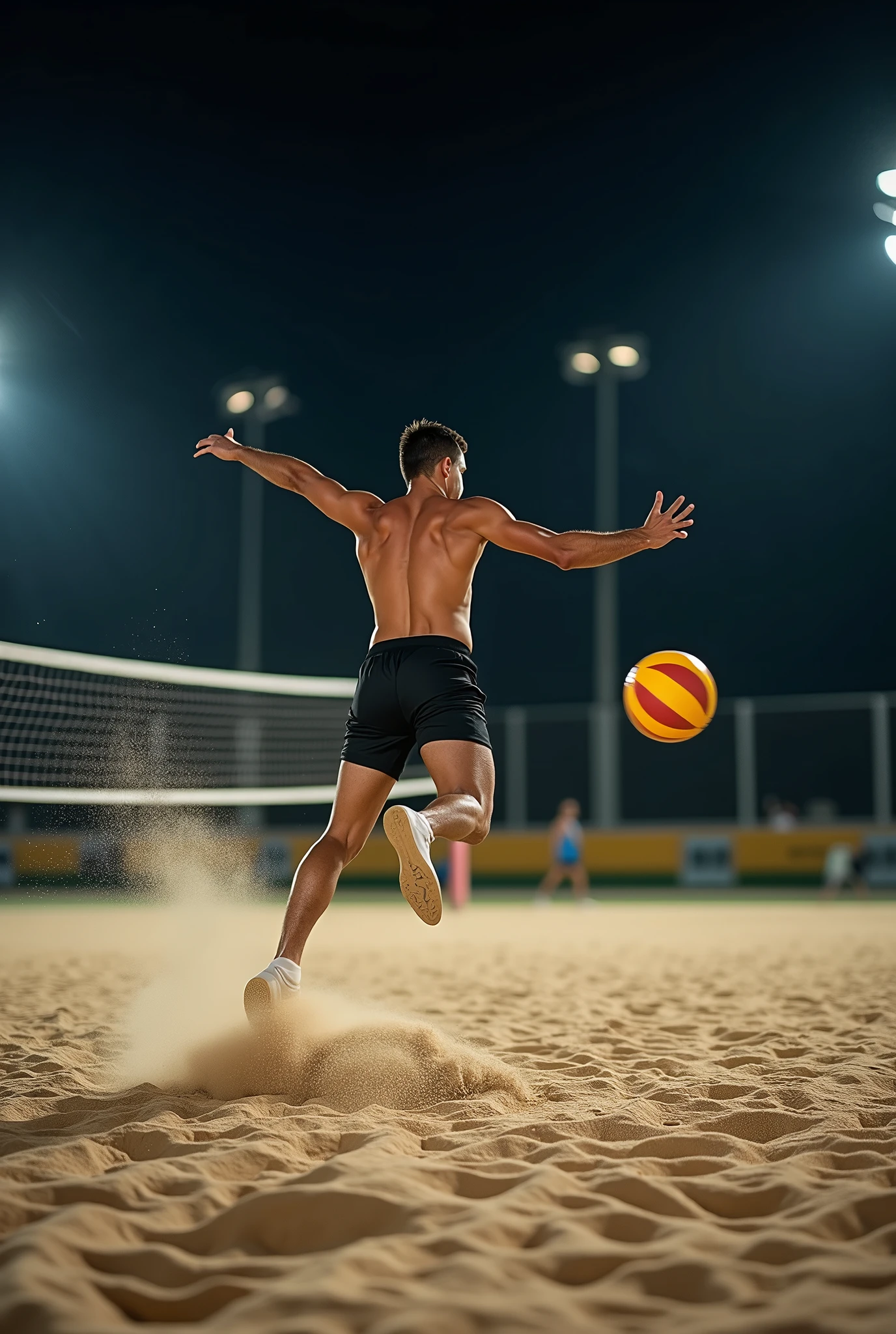 A high-quality, professional DSLR photo of a single footvolley player on a sand court at night, captured mid-air as they skillfully use their foot to strike the ball. The ambient lighting from overhead floodlights creates soft, dynamic shadows on the sand, highlighting the athleticism and detail of the scene.