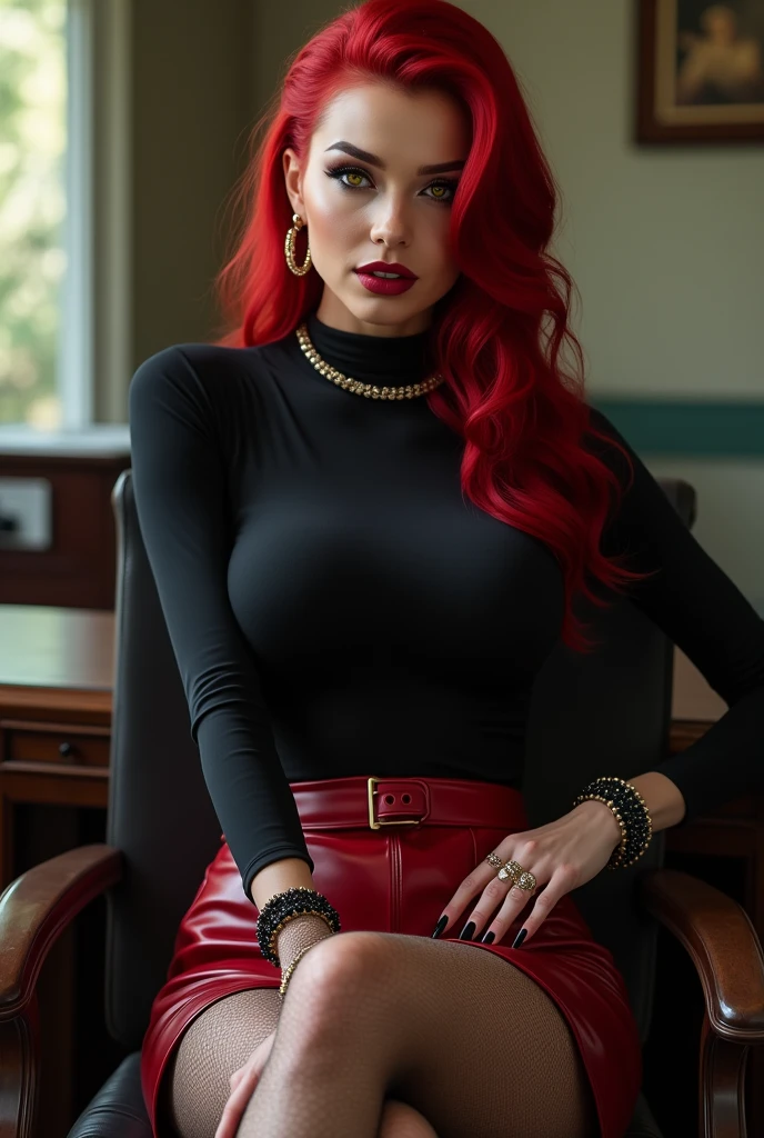 (best quality:1.4),  assumi,BREAK,(red hair:1.3),(slicked back hair:1.3),full lips, makeup, BREAK,( yellow eyes:1.4), choker, hoop rings, BREAK,(black turtleneck with long sleeve:1.3), big breasts,bracelets,(long fingernails:1.4), BREAK (leather red skirt:1.3), lace-pantyhose,high heels,sit behind desk,
 
