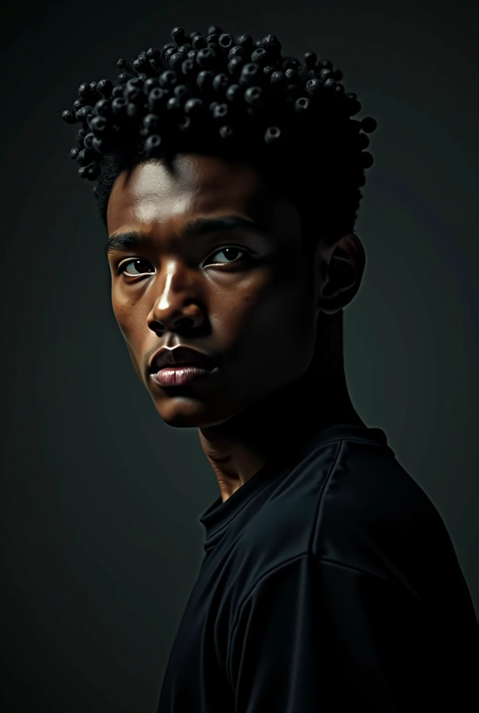 a dark boy with brown skin, marked lips, square features, short black hair, muscular physique, dramatic lighting, chiaroscuro, cinematic, moody, dark fantasy, hyperrealistic, 8k, high quality, detailed, photorealistic
