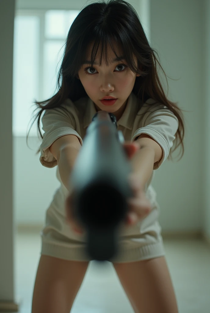beautiful sweet big eyes lady korean low mini skirt standing legs spreading full portrait shotgun point at you front facing with shotgun rampage