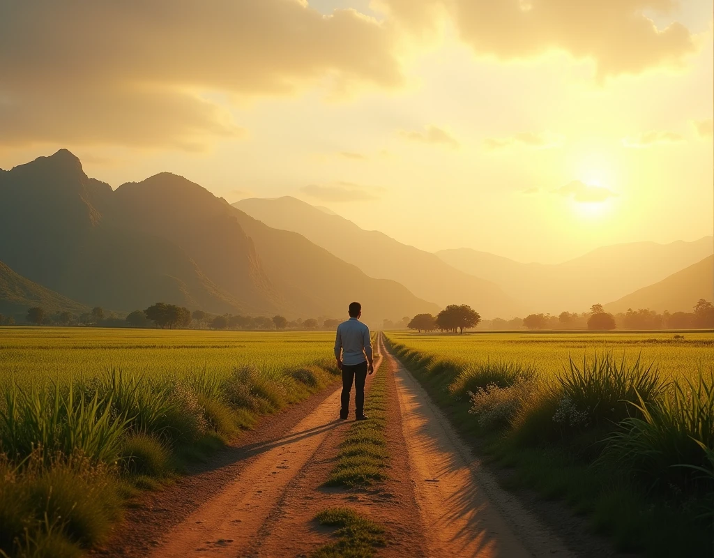 Brazilian Rural Scenario: You are standing on a dirt road, with vast green fields and mountains in the background. The light is soft, as if it were dawn or dusk, creating a serene and patriotic atmosphere