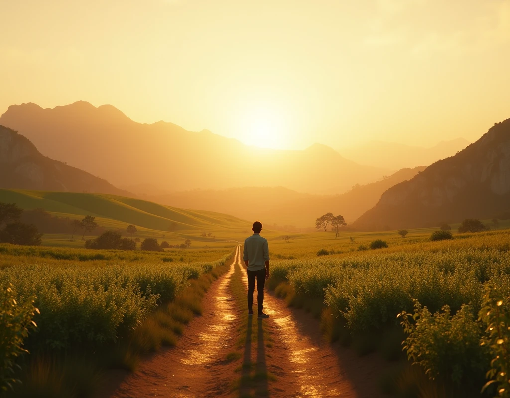 Brazilian Rural Scenario: You are standing on a dirt road, with vast green fields and mountains in the background. The light is soft, as if it were dawn or dusk, creating a serene and patriotic atmosphere
