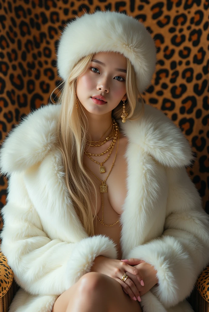 ((whole body)), ((head to leg)), ((all the body)), ((from below)),1asian girl,alone, ((stand up, leaning on ledge)), ((lean forward)), ((The features are clear, clear face, clear face)), sexy young korean girl, korean, realistic, real,8k, clean, super young girl with a blonde gorgeous hair, teenager, pale skin, her face is also very beautiful and young. sexy, She has a fit body. wearing huge white fur coat, big leopard fur hat, fur coat covering all the body, wearing big fluffy fur, sitting on leopard fur throne, throne covered with leopard fur coat, on the fur mug, gold necklaces, alots of gold jewerly, white skin,princess cute, bite lip, messy long hair, Simple and casual scene, Very detailed, Ultra-clear, best quality, official art, exquisite earrings, exquisite necklace, Very detailed description, Super beautiful painting, Sophisticated functionality, elegant, beautiful, Super fine details, masterpiece, Authentic texture, Realistic movie lighting, masterpiece, best quality, wearing huge white fur coat, many jewelry, alots of gold jewelry, every finger has golden rings, her sexy leg , she wearing fur slippers, holding a feather stick, fluffy feather stick, wearing huge crown, she has huge titties, she don't wear anything except fur coat, petting dog