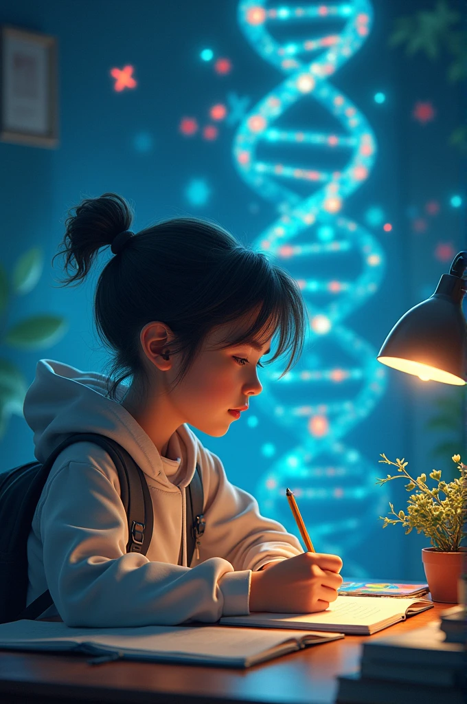 A DNA double helix and chromosomes in the background, with a student taking notes on Biology."