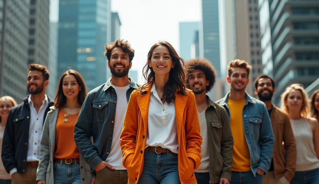 Create A realistic image where "A diverse group of people standing together, each dressed uniquely and expressing different emotions like joy, determination, and curiosity. The background is a vibrant cityscape, symbolizing different paths and choices in life. Each person stands confidently, looking in different directions, highlighting individuality and the pursuit of personal dreams."