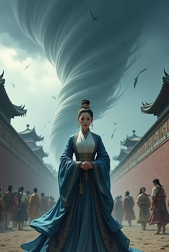 In the full Tang Dynasty era, the eldest princess is wearing a dark blue and white dress, full of the Tang Dynasty official regalia, standing and looking at a large tornado that is blowing towards the city in front of the city wall. The atmosphere of the storm is chasing a group of villagers running into the city, very realistic.