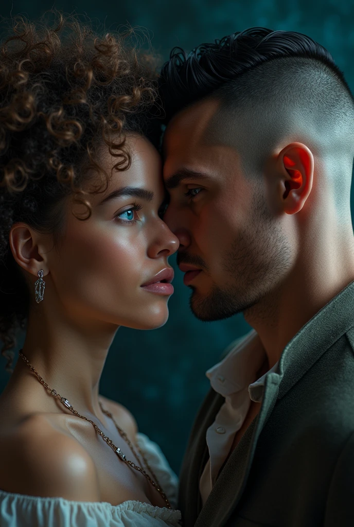 a woman researcher between the love of two men, one with long curly hair, blue eyes and a large nose, the other with short shaved sides hair, blue eyes, cinematic fantasy book cover, chiaroscuro lighting, dramatic poses, rich textures, vibrant colors, (best quality,4k,8k,highres,masterpiece:1.2),ultra-detailed,(realistic,photorealistic,photo-realistic:1.37),cinematic composition,dramatic lighting,highly detailed facial features,intricate details,volumetric lighting,seamless blend of elements,captivating atmosphere,emotive expressions,elegant aesthetic