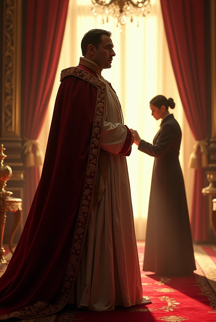 "A classic scene where an authoritative figure, majestically dressed, stands in a lavishly decorated room. A subordinate, slightly in the background, discreetly adjusts the lighting so that the authority figure appears even more radiant. The contrast between the intense light on the figure of power and the shadow on the subordinate symbolizes the subtle balance of power and respect.