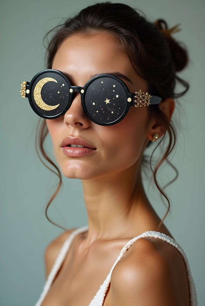 The model is wearing glass sunglasses with stars and the moon on the glass