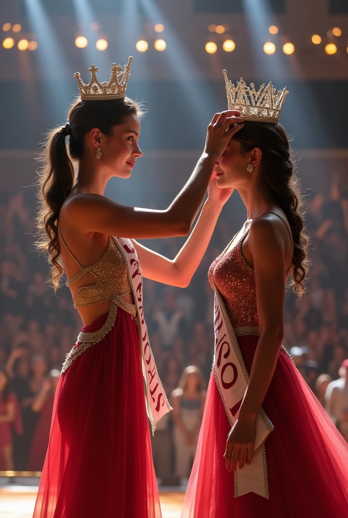 Crowning moment. From behind, The girl put elegant the crown on the new miss Universe. Wear evening gown and sash. 