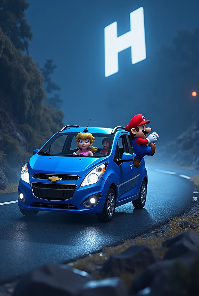Make a blue Chevrolet Spark while Mario Bros runs next to it on a night road with an H in the background and Princess Peach inside the car
