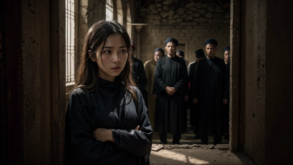 A beautiful Asian girl with white skin wearing a long black hijab had both her arms hung up With rope And hanged by several old men so that she looked very tormented and Fatigue, Make the old men look near the girl, And make the picture visible from head to toe 
