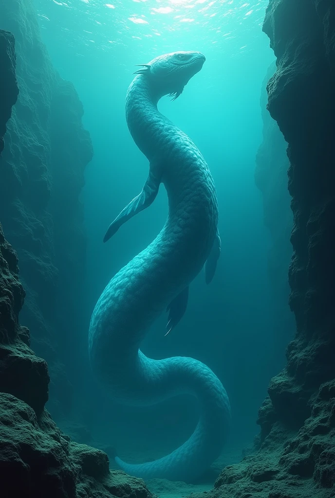 Cetus beast from Greek mythology, It is 20 meters long and translucent turquoise blue in color., no arms and legs, is underwater, with rock platforms
