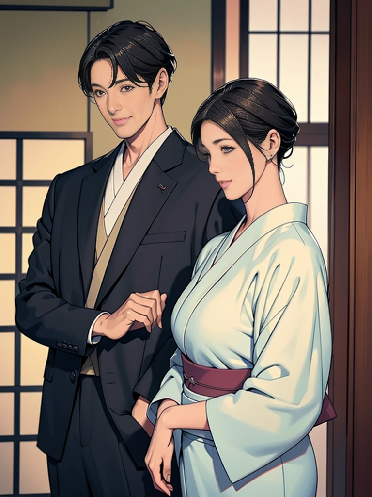 Double,Japanese Wind,Photorealism,detailed,masterpiece,Mature,Gentle men in suits and big-breasted women in kimonos,Smile,Standing,short hair