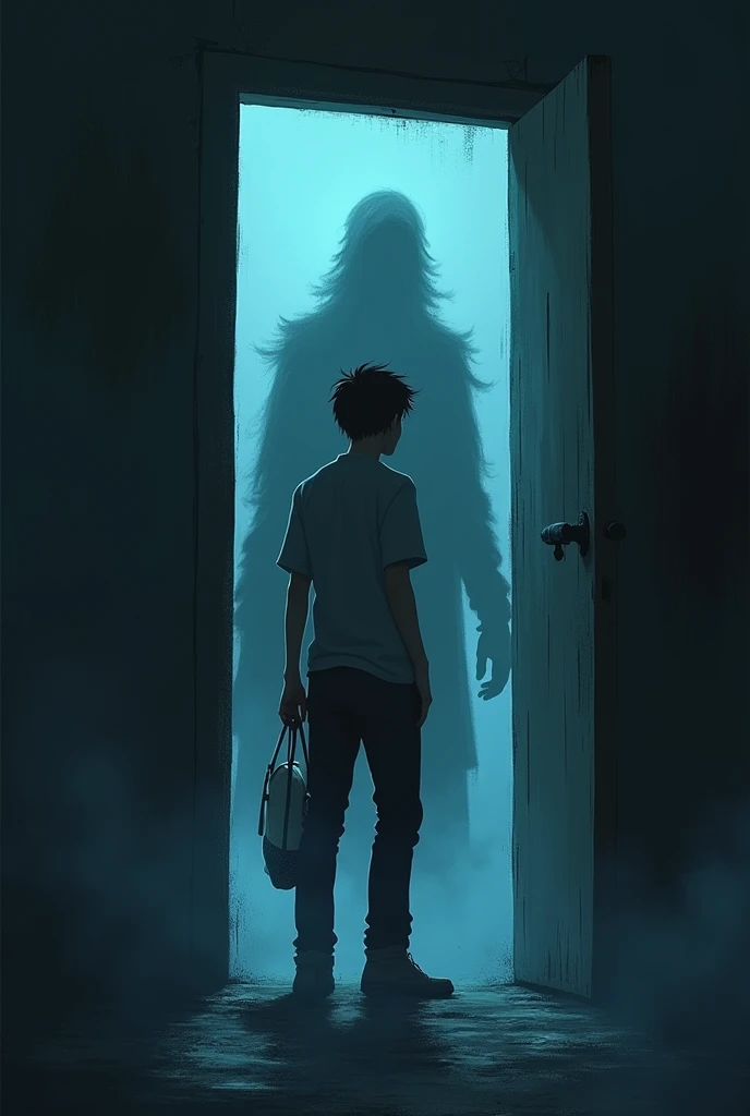 Une silhouette sombre et indistincte se tenant dans l'encadrement de la porte. La silhouette est floue, avec des contours vagues, et dégage une présence menaçante. Max est montré en train de se retourner, terrifié. On peut voir max sur l'image