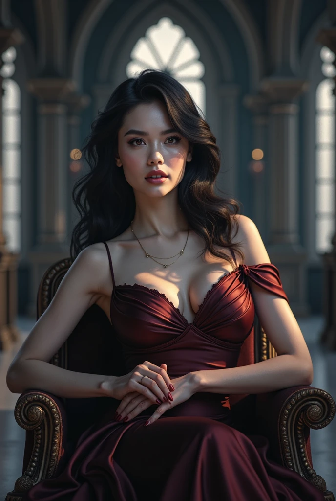 a beautiful woman with dark hair, red dress, dramatic lighting, glossy skin, full body pose, photorealistic, intricate, 8k resolution, (best quality,4k,8k,highres,masterpiece:1.2),ultra-detailed,(realistic,photorealistic,photo-realistic:1.37),HDR,UHD,studio lighting,ultra-fine painting,sharp focus,physically-based rendering,extreme detail description,professional,vivid colors,bokeh,portraits