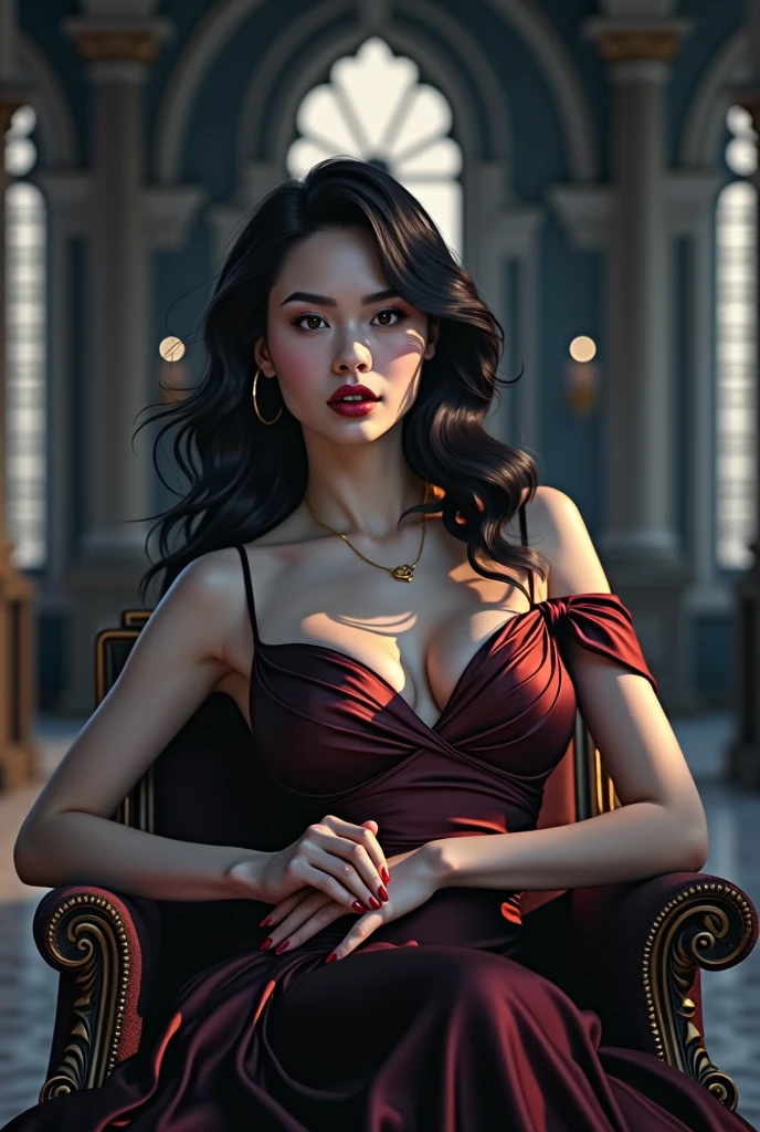 a beautiful woman with dark hair, red dress, dramatic lighting, glossy skin, full body pose, photorealistic, intricate, 8k resolution, (best quality,4k,8k,highres,masterpiece:1.2),ultra-detailed,(realistic,photorealistic,photo-realistic:1.37),HDR,UHD,studio lighting,ultra-fine painting,sharp focus,physically-based rendering,extreme detail description,professional,vivid colors,bokeh,portraits