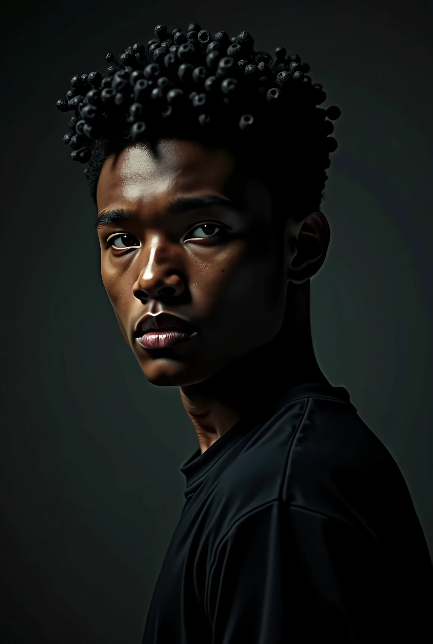 a dark boy with brown skin, marked lips, square features, short black hair, muscular physique, dramatic lighting, chiaroscuro, cinematic, moody, dark fantasy, hyperrealistic, 8k, high quality, detailed, photorealistic