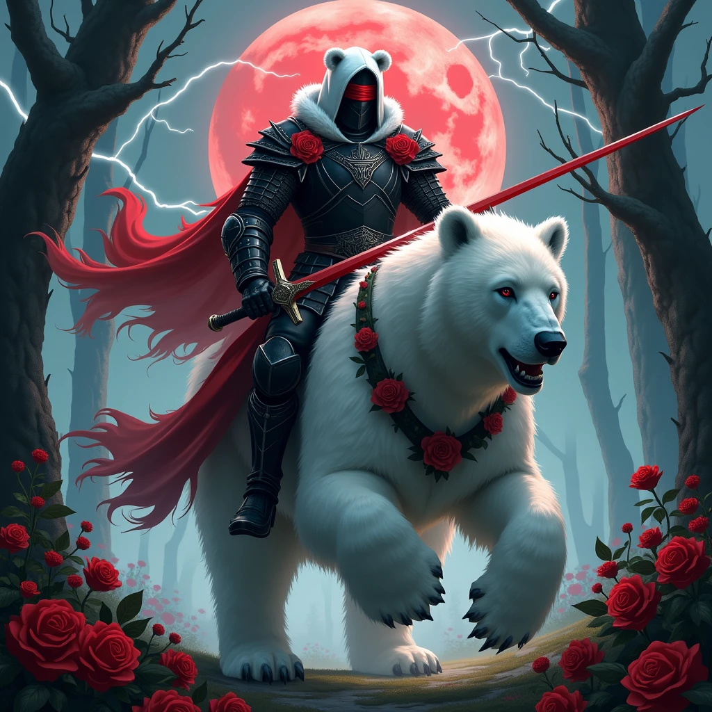 Male knight with a white hood with bear ears wielding a red double-edge sword is riding a polar bear in a forest while the moon shines, many Roses cover the ground and lightning falls from the sky. The polar bear has black eyes and an aggressive appearance. Only the man wears a red blindfold. In the background of the picture is the blood moon. The forest is full of trees with leaves. The armor of the man is black woth red roses on it.