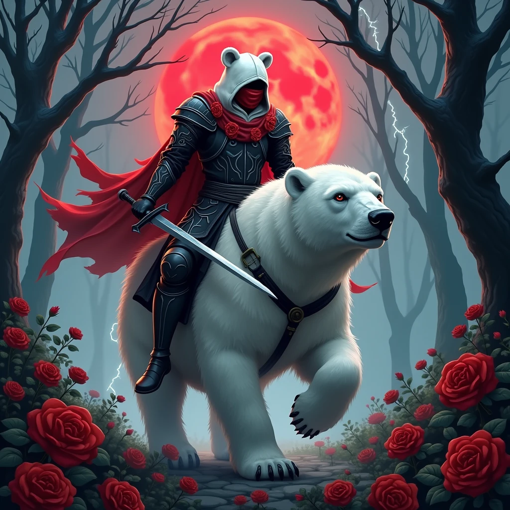 Male knight with a white hood with bear ears wielding a red double-edge sword is riding a polar bear in a forest while the moon shines, many Roses cover the ground and lightning falls from the sky. The polar bear has black eyes and an aggressive appearance. Only the man wears a red blindfold. In the background of the picture is the blood moon. The forest is full of trees with leaves. The armor of the man is black woth red roses on it.